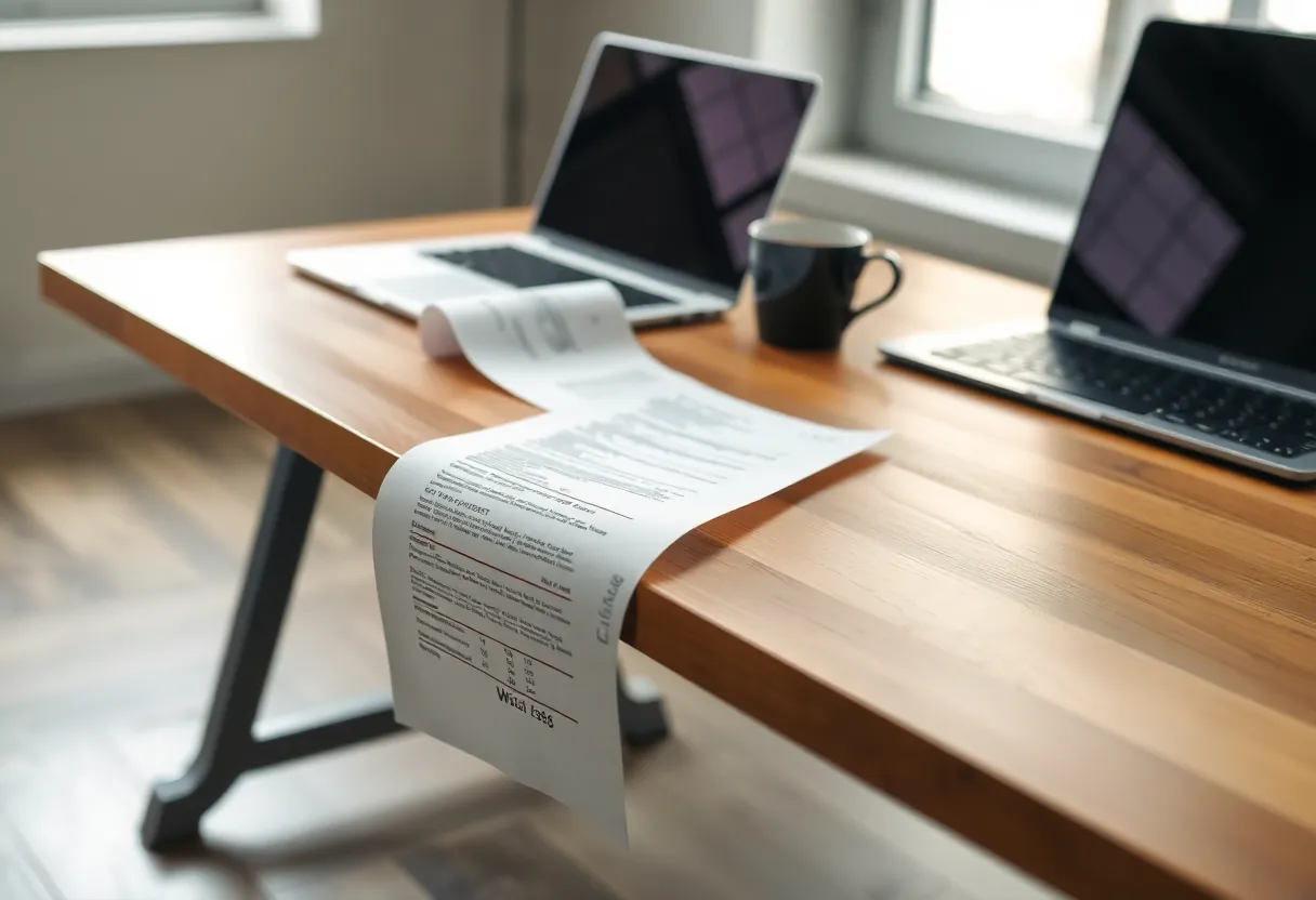A long paper receipt curling off the edge of a wooden desk onto the floor next to a laptop