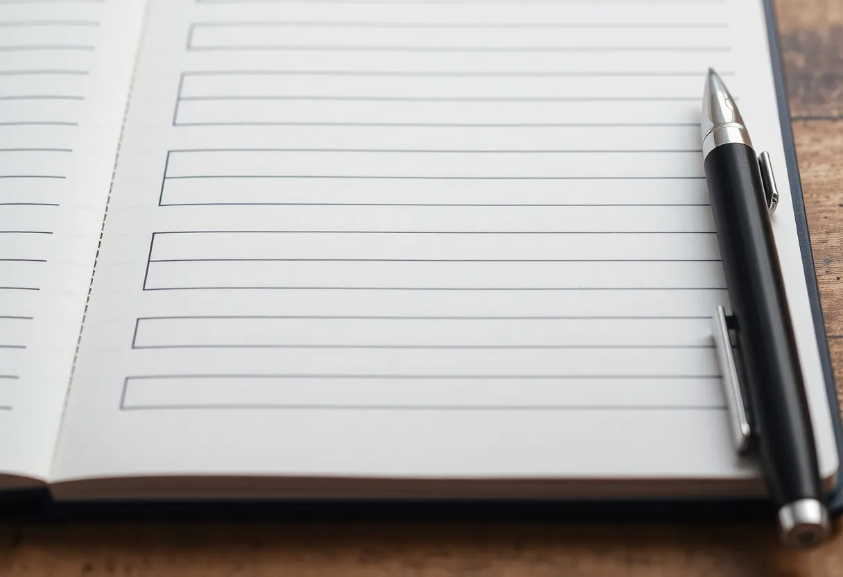 Paper notebook with empty flowchart boxes and a pen
