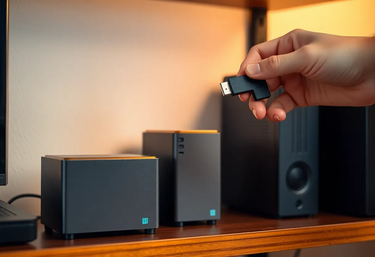 External hard drive beside a mini PC on a shelf with a hand holding a USB stick
