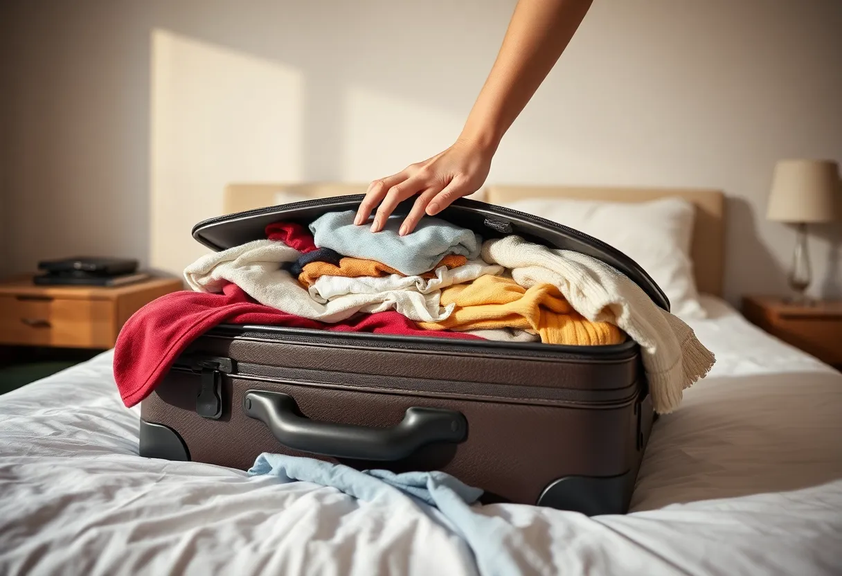 An overstuffed suitcase that will not close, clothes spilling out while a hand presses down on the lid