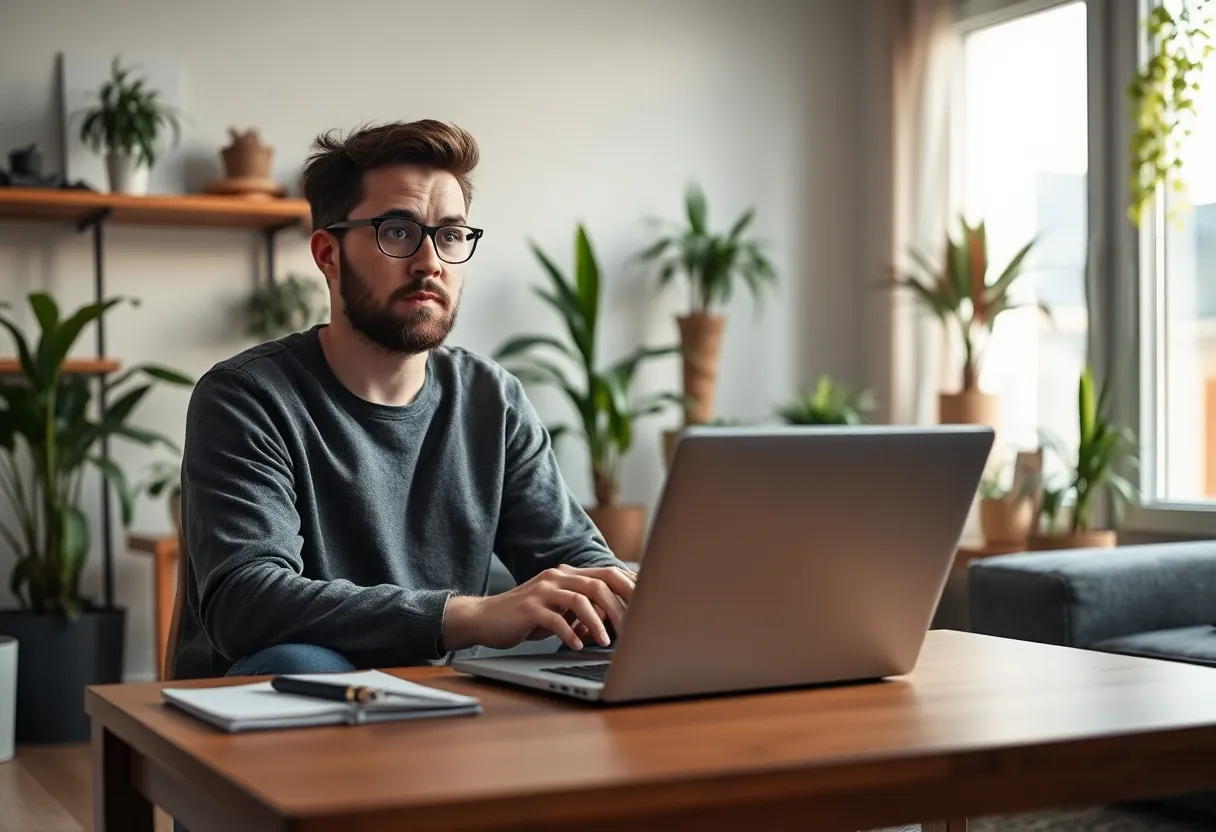 Freelance developer on a video call in a small apartment looking concerned at a laptop