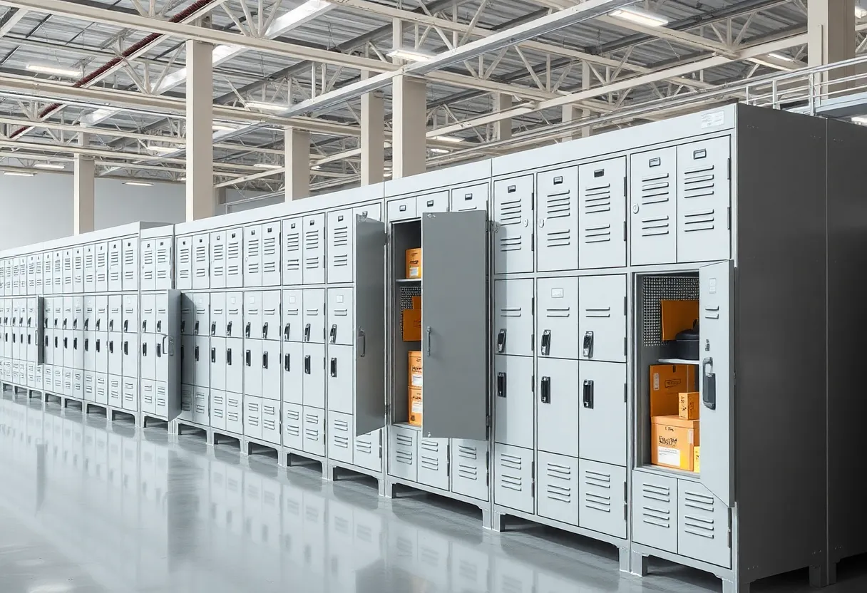 Rows of metal storage lockers in a warehouse with some doors open and labelled boxes inside