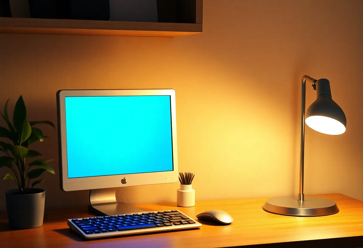 Home-office mini PC under a desk beside a warm lamp