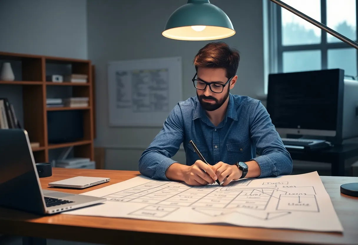 A backend engineer at a desk sketching database table boxes connected by lines on a large sheet of paper