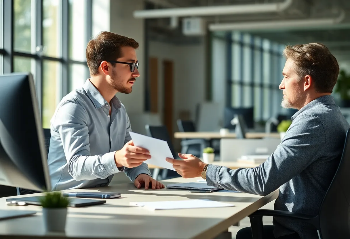 Two coworkers at a desk, one handing a folded note to the other, who looks doubtful