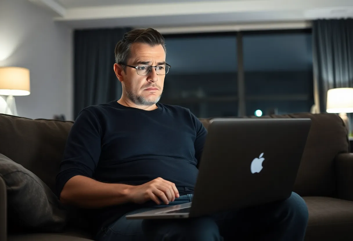 Man on a sofa at night with a laptop on his knees looking frustrated