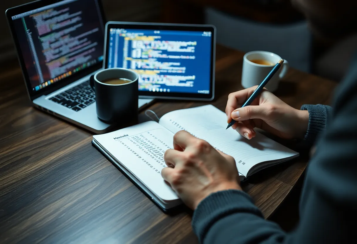 A programmer writing numbers in a paper notebook, comparing columns, with a laptop open beside a mug of tea