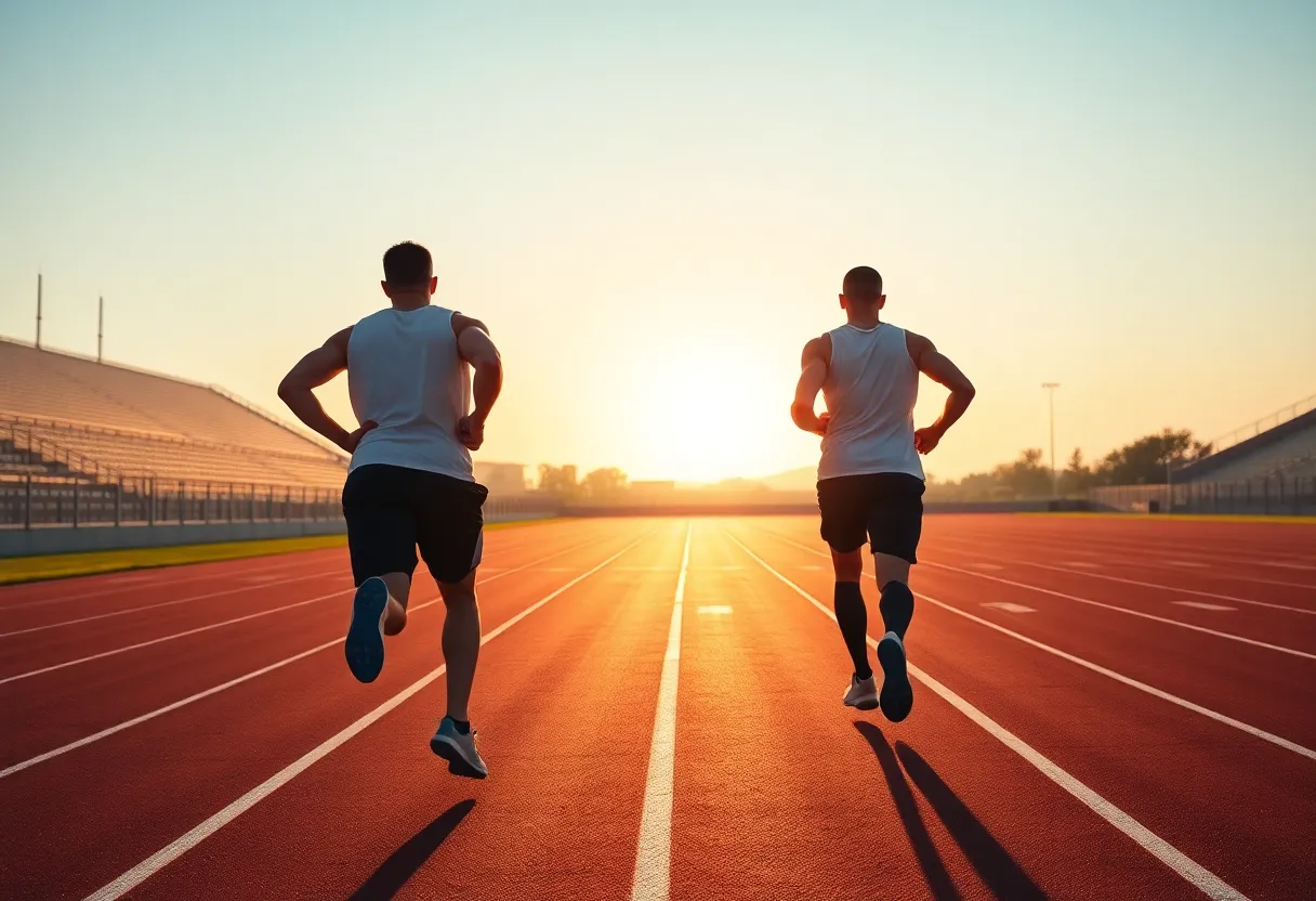 A sprinter and a long-distance runner on an empty athletics track at sunrise, seen from behind