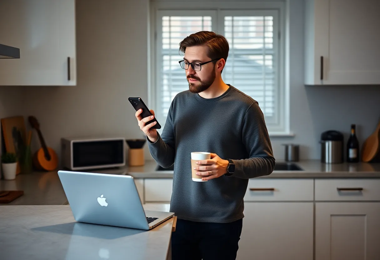 Founder at a kitchen counter early in the morning with a phone, coffee, and an open laptop
