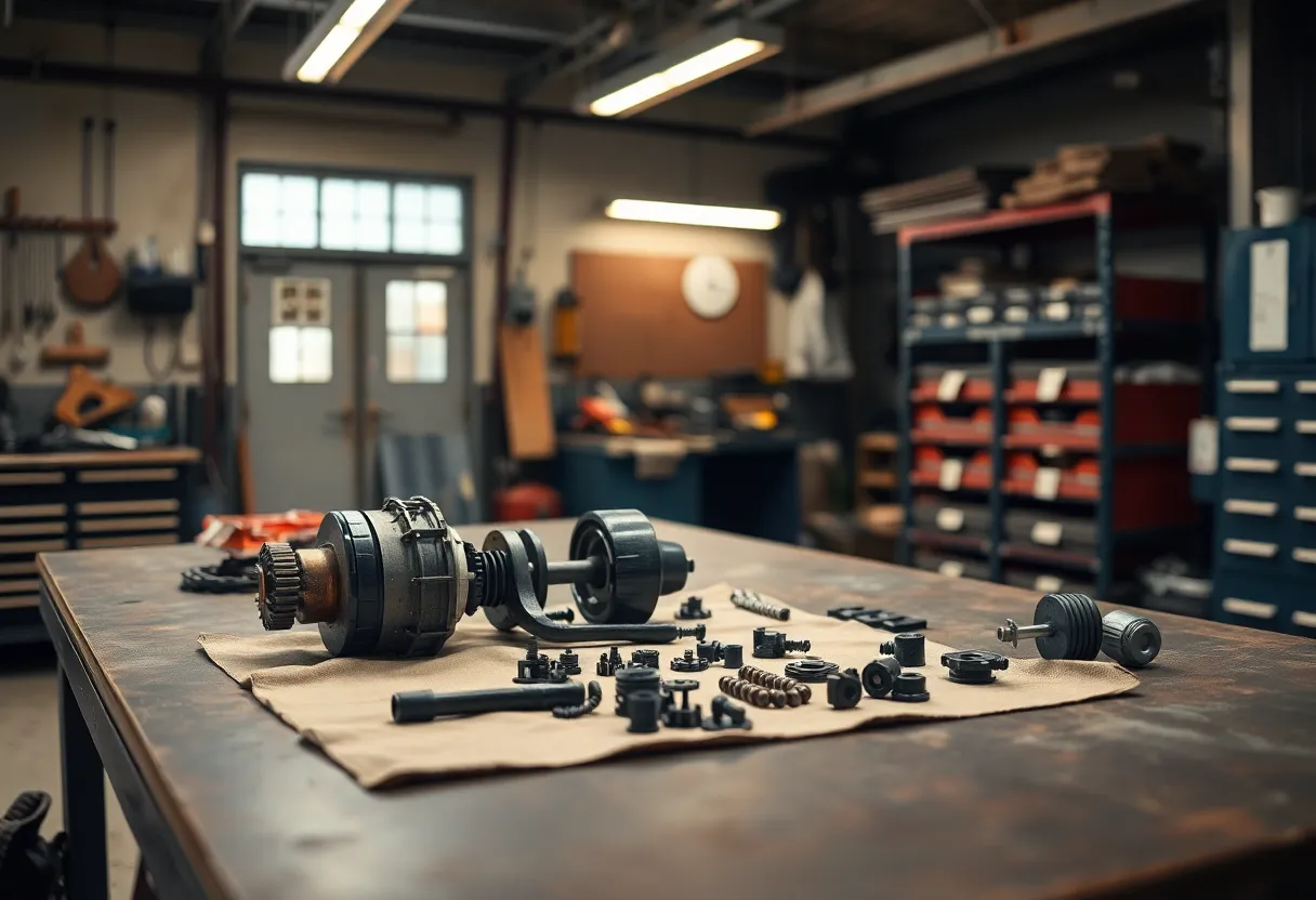 Mechanic's workbench with a disassembled part laid out on a cloth in labelled trays