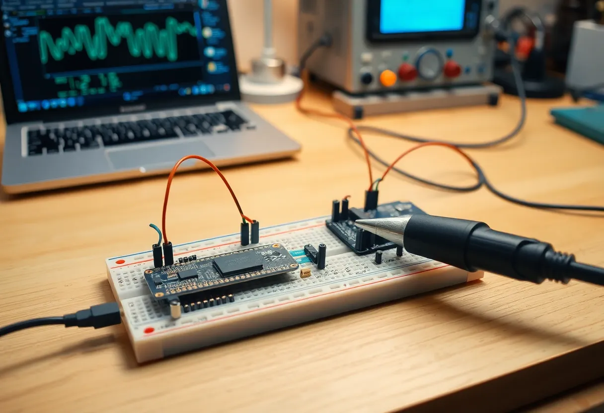 An electronics workbench with a microcontroller dev board on a breadboard, jumper wires and a logic analyzer probe