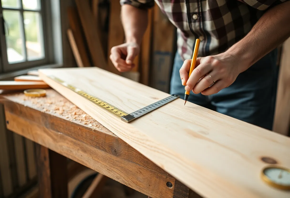 A carpenter measuring a board with a tape measure and marking it with a pencil before cutting