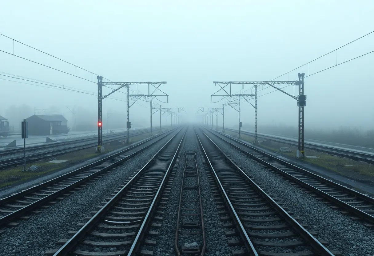 Railway junction where two tracks merge into one under signal lights in morning fog