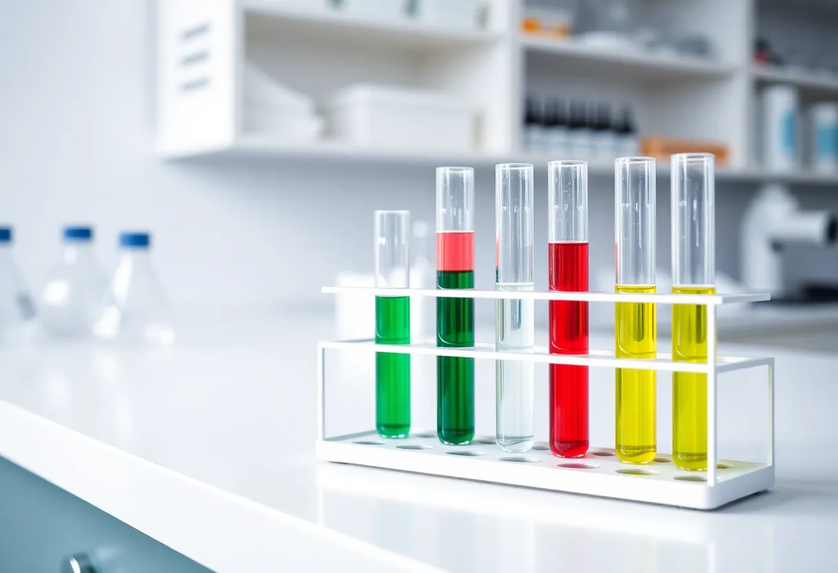A test tube rack with several tubes of green liquid and one tube of red liquid on a clean white bench