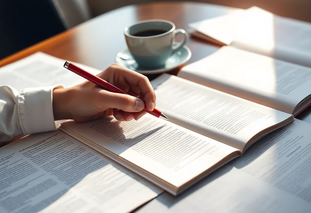 An editor marking up a printed manuscript with a red pen at a desk with pages spread out