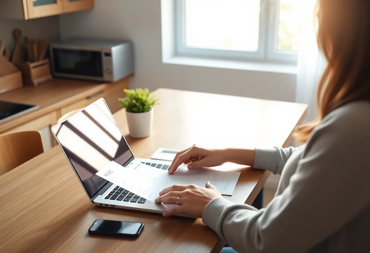 Person at a kitchen table with a laptop and a paper invoice, morning