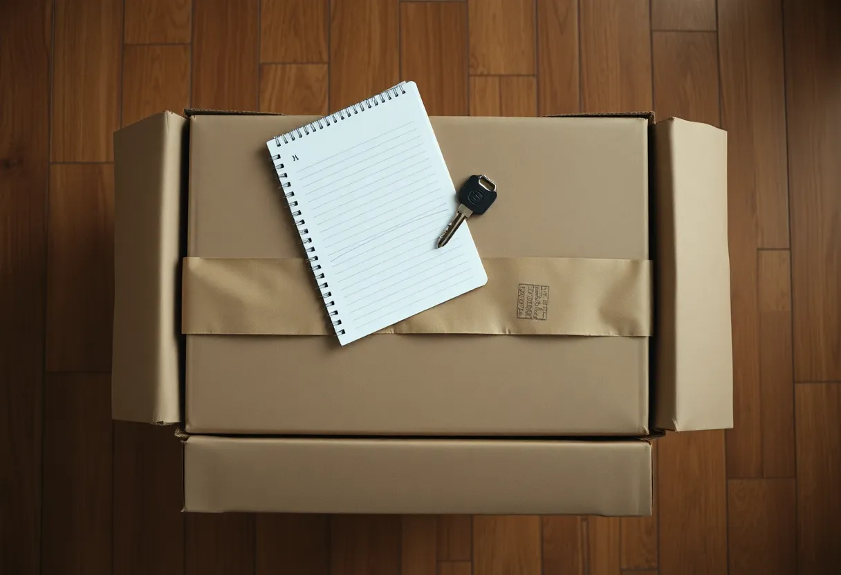 Carelessly packed moving box with a house key and loose papers visible on top