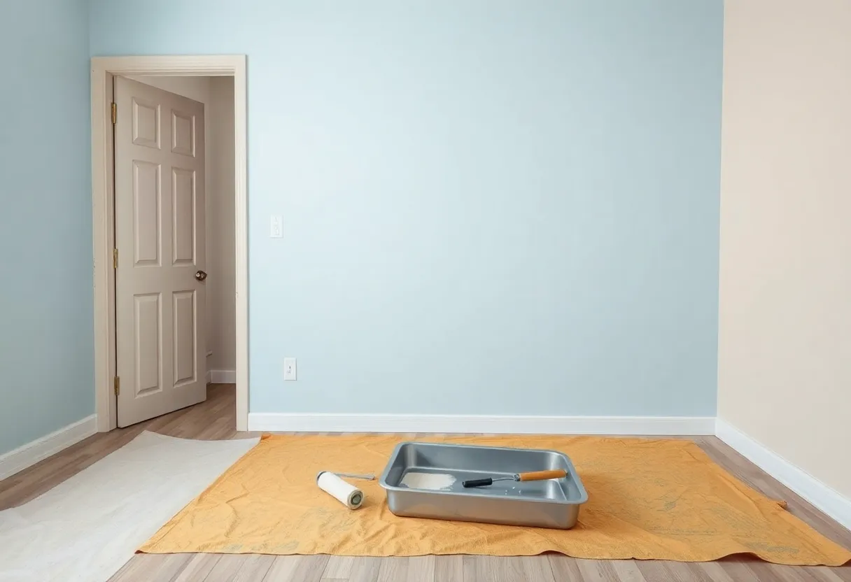 A room under renovation where the neighbouring wall has also been painted in a different shade, with a paint roller and tray on a drop cloth