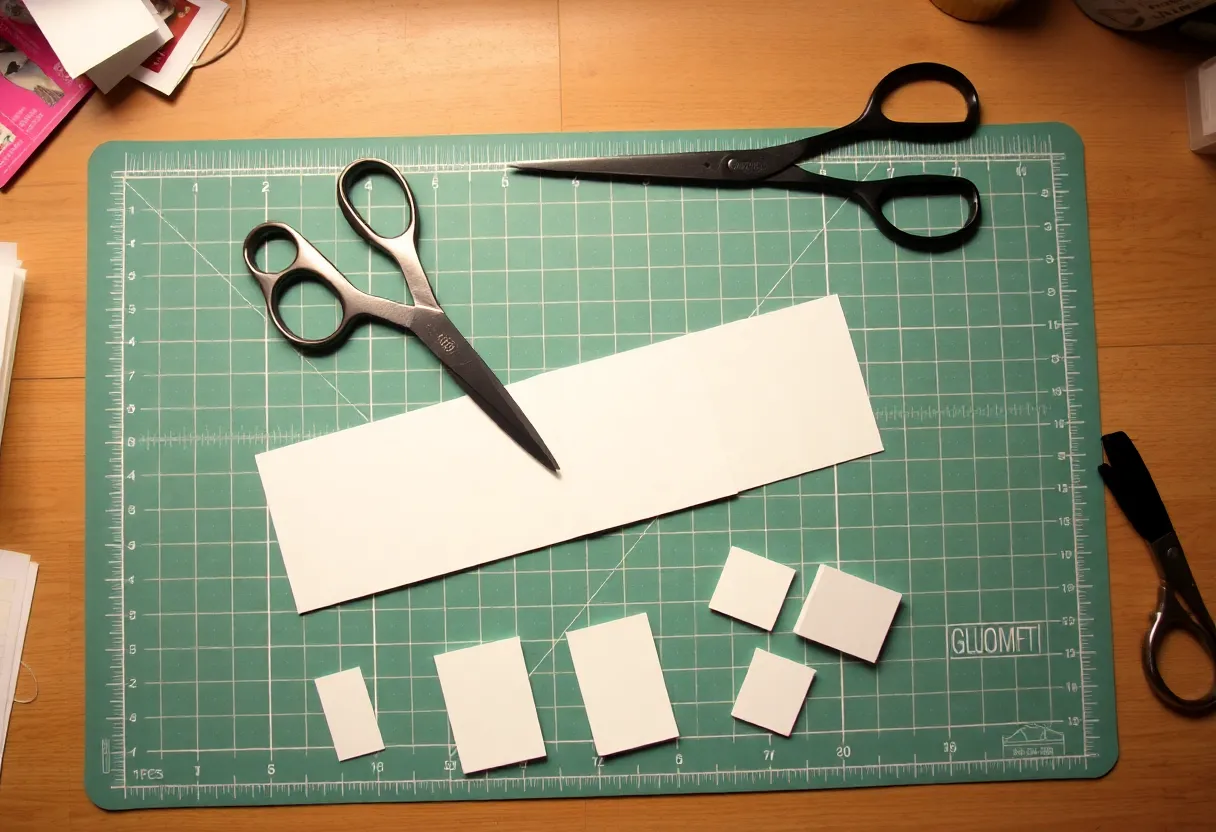 Scissors cutting a long strip of paper into smaller neat pieces on a cutting mat, top-down view