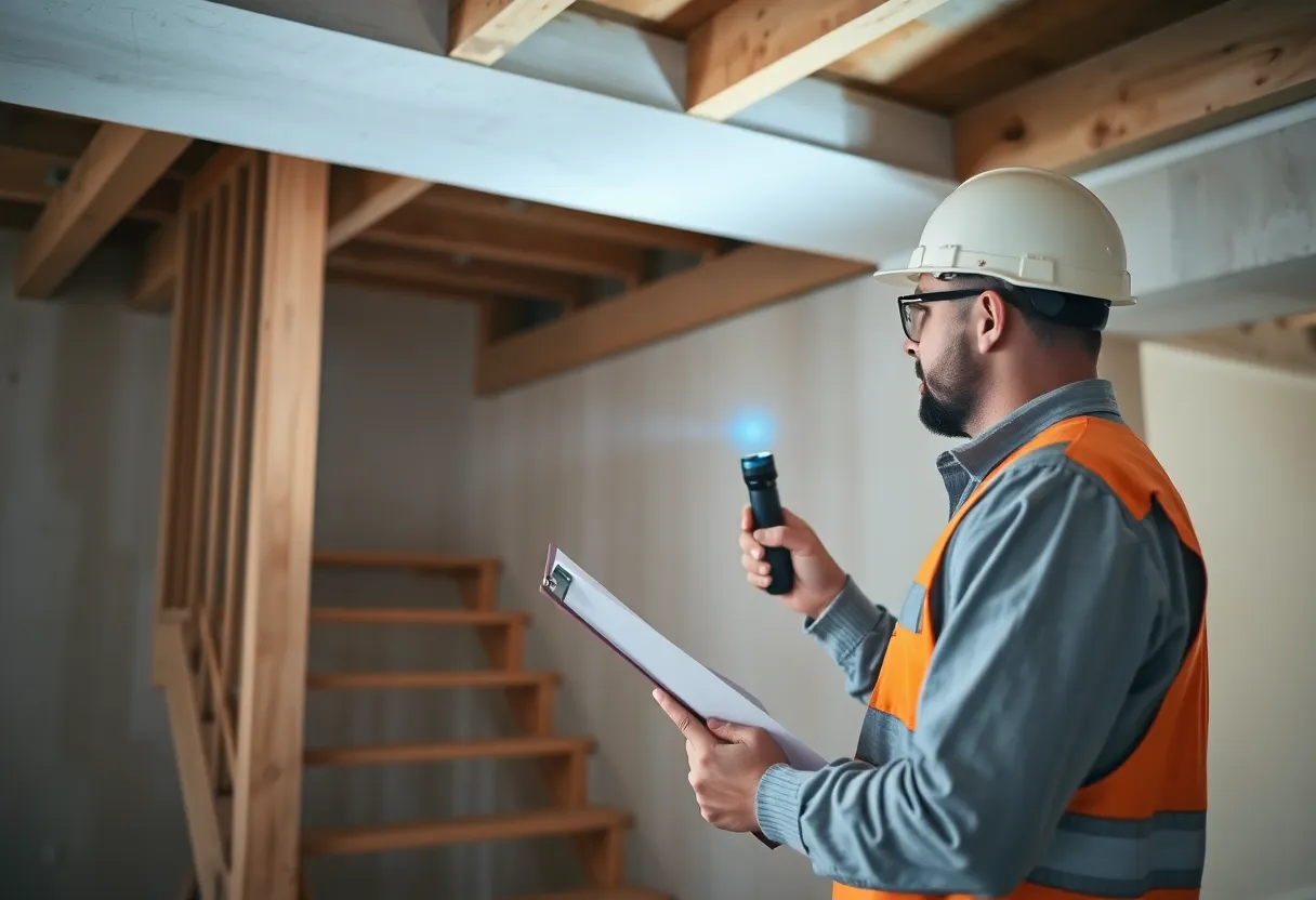 A building inspector with a clipboard examining the underside of a new wooden staircase with a flashlight