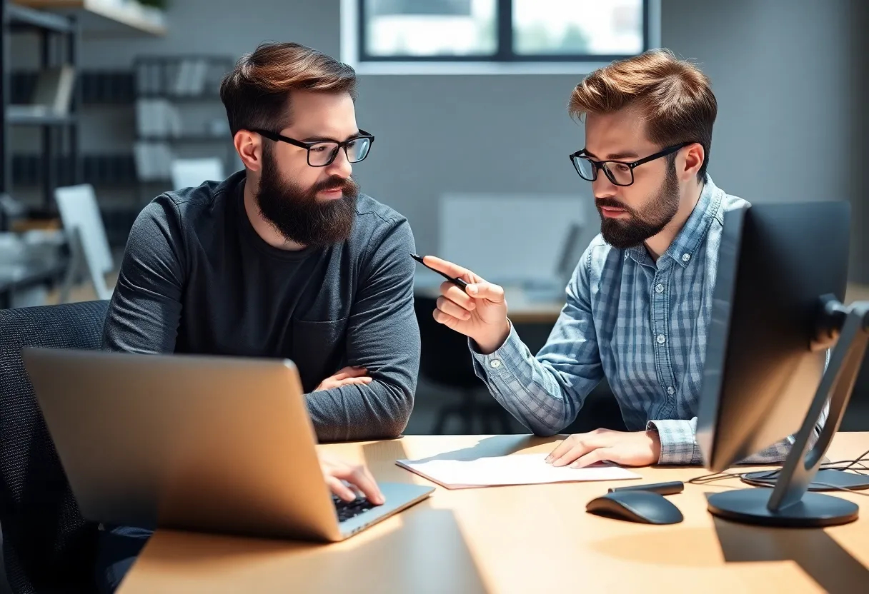 Two developers side by side at a desk, one pointing at a spot on the laptop screen with a pen