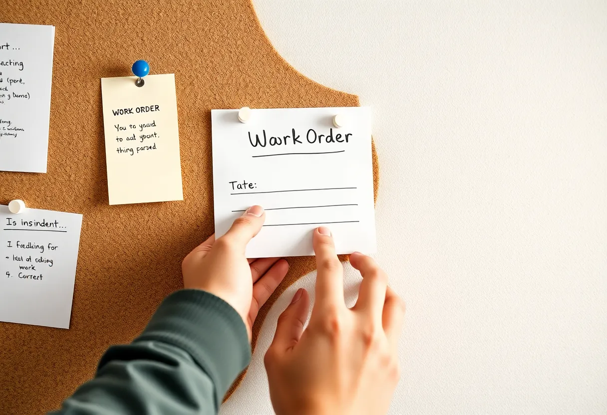 A hand pinning a new work order card to a cork board next to other cards