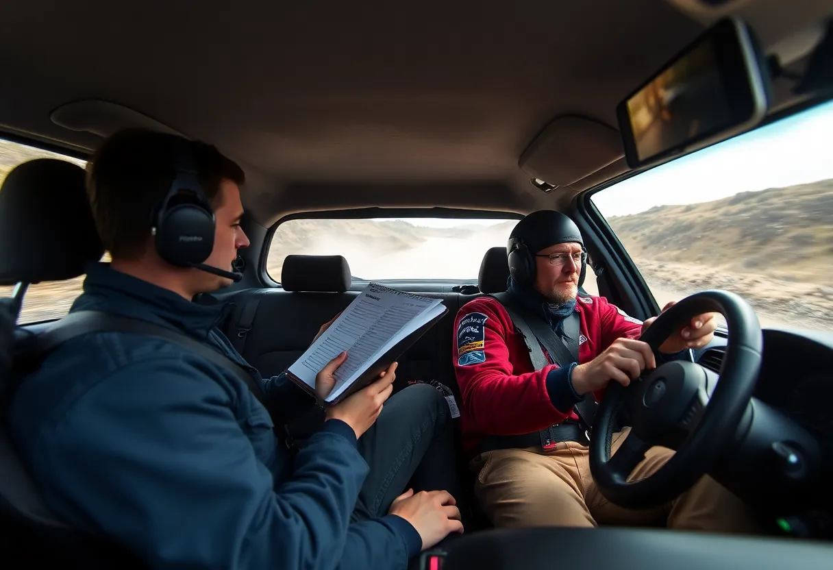 A rally car co-driver reading pace notes from a notebook while the driver steers on a gravel road