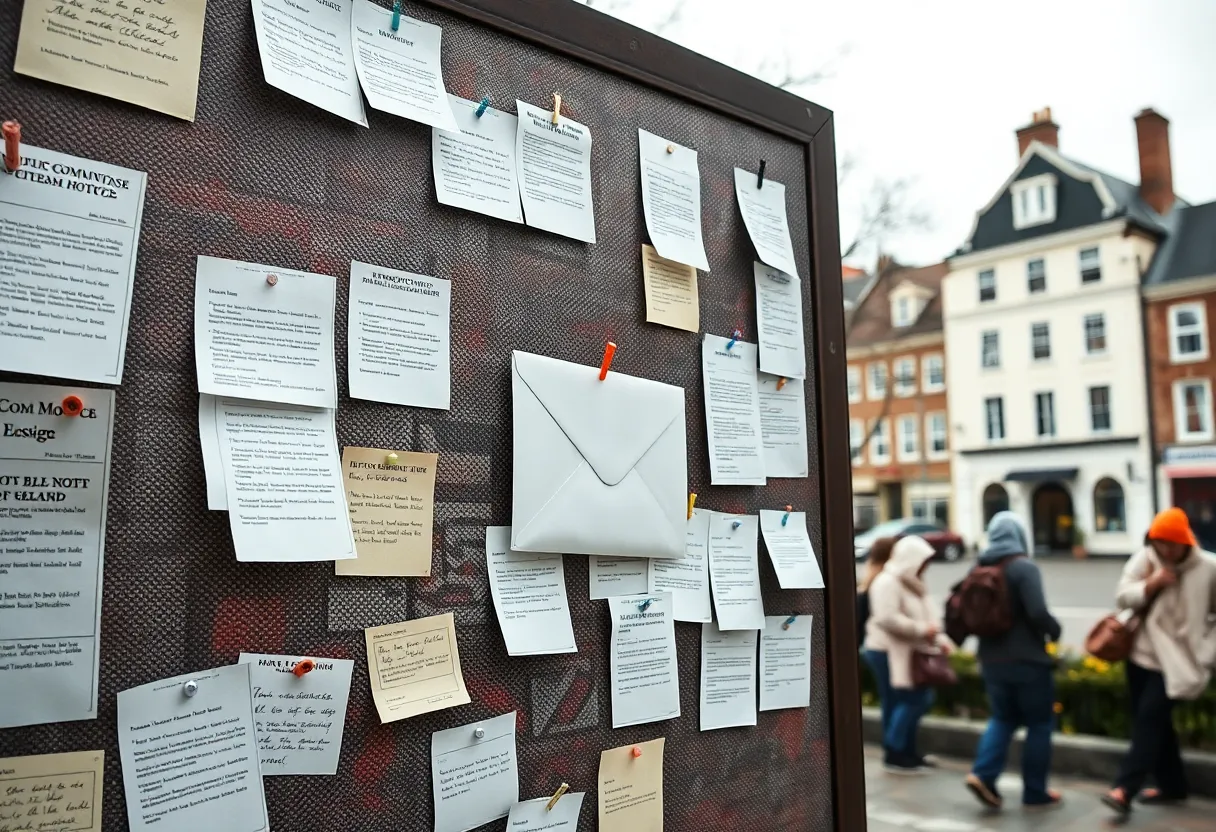 A public community notice board covered with pinned paper notes and one suspicious envelope
