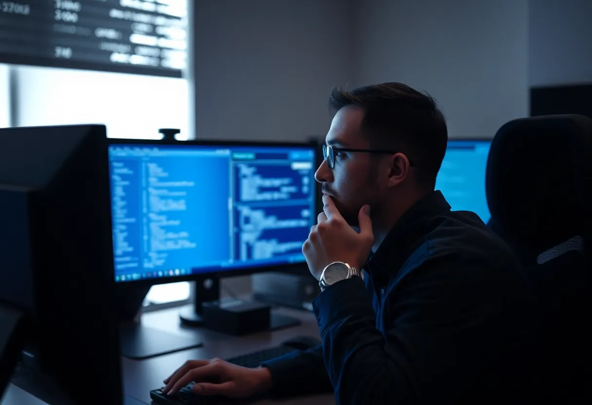 A security engineer at a dual monitor setup in a dim room, hand on chin, reviewing access settings