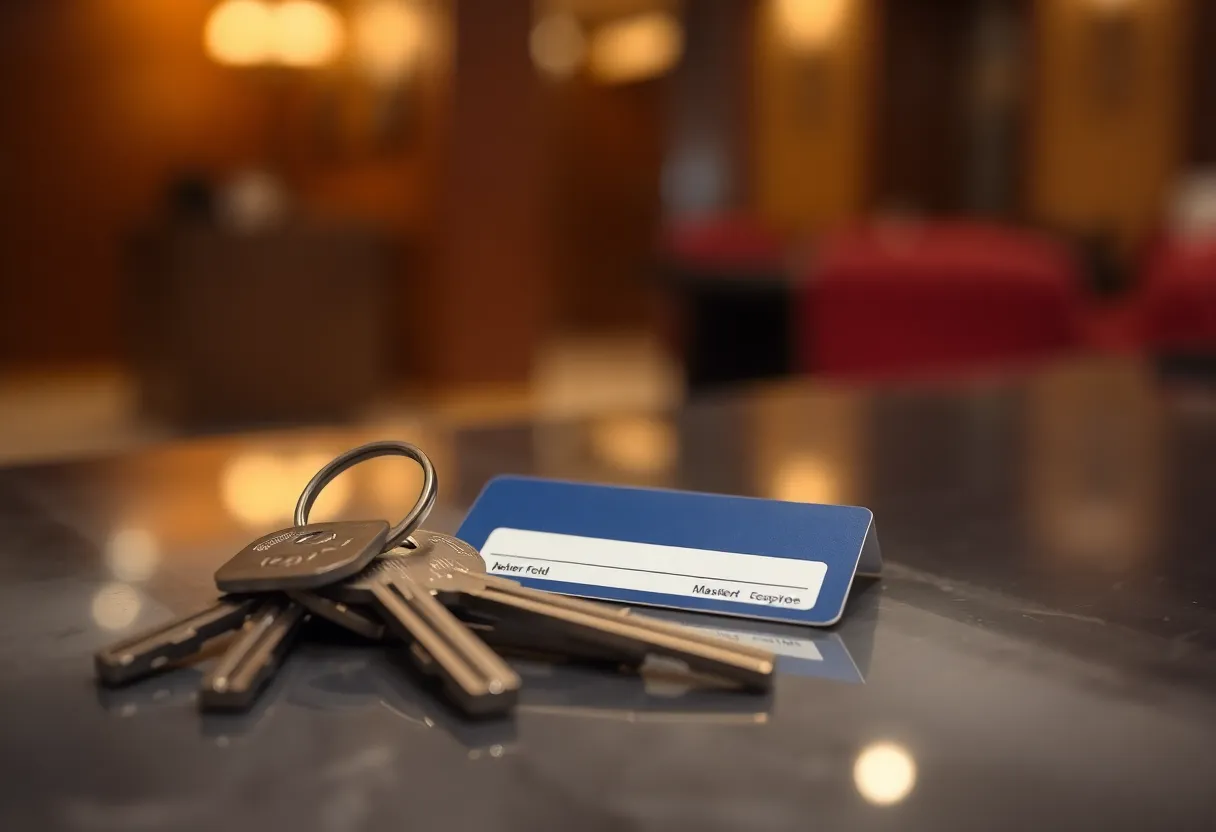 A hotel key card on a reception desk next to a ring of master keys