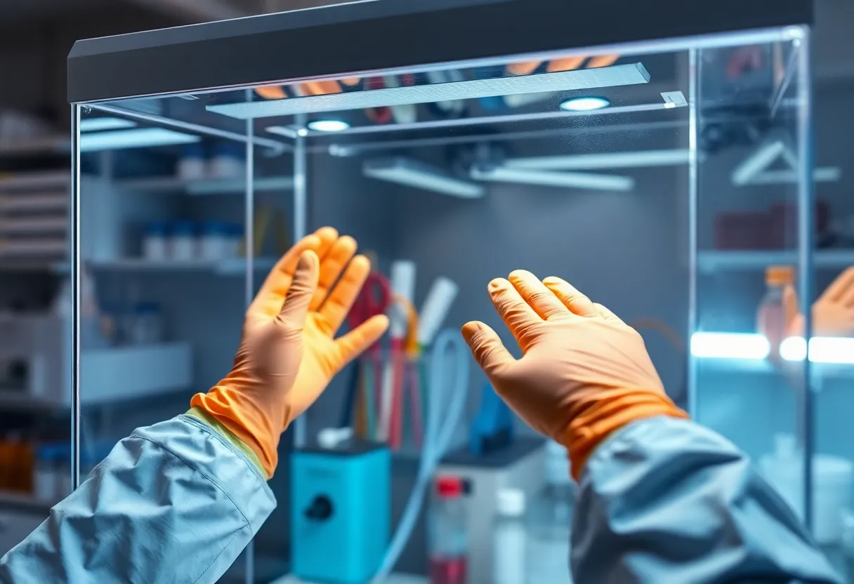 A laboratory glove box with rubber gloves extending into a sealed transparent chamber