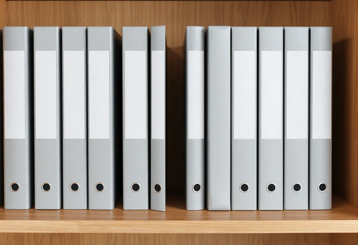 Row of plain grey ring binders standing in order on a wooden shelf