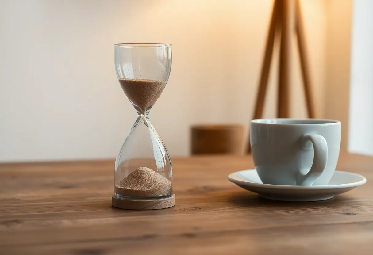 Hourglass with running sand beside a coffee cup on a wooden table