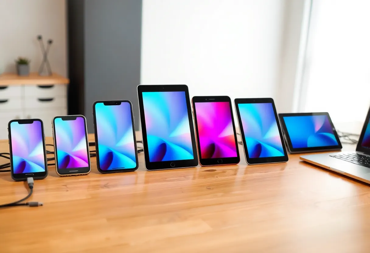 Phones and tablets of different sizes lined up on a desk for device testing, with cables and a laptop
