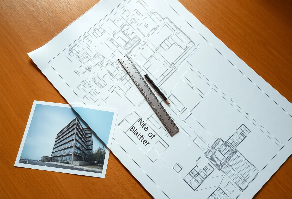 An architect's blueprint spread on a table next to a photograph of the finished building