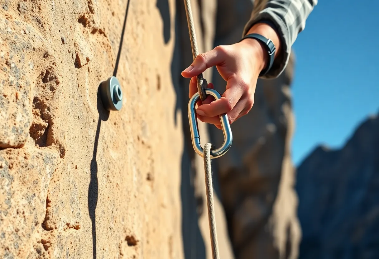 A rock climber clipping a rope into a quickdraw bolted to a cliff face