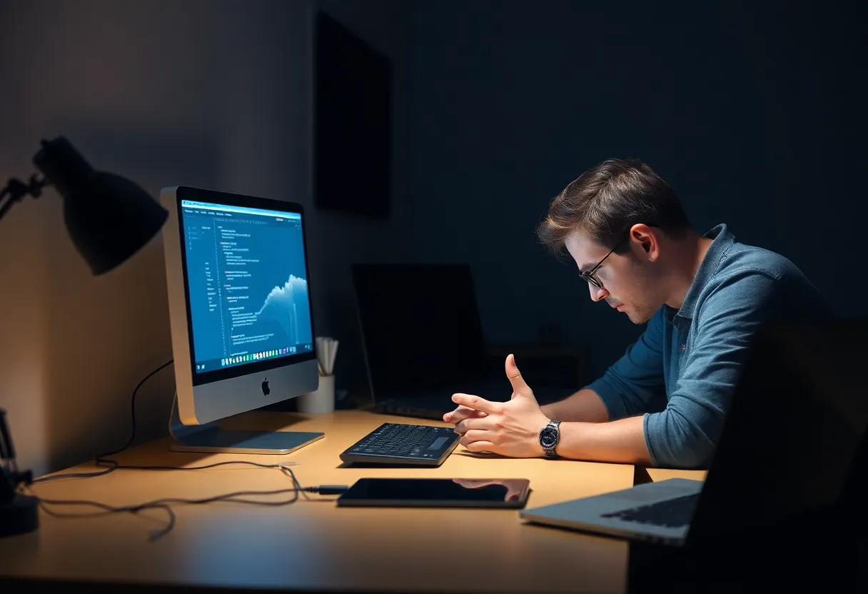 A developer at a desk late at night with a small single-board computer and a laptop, head in hands