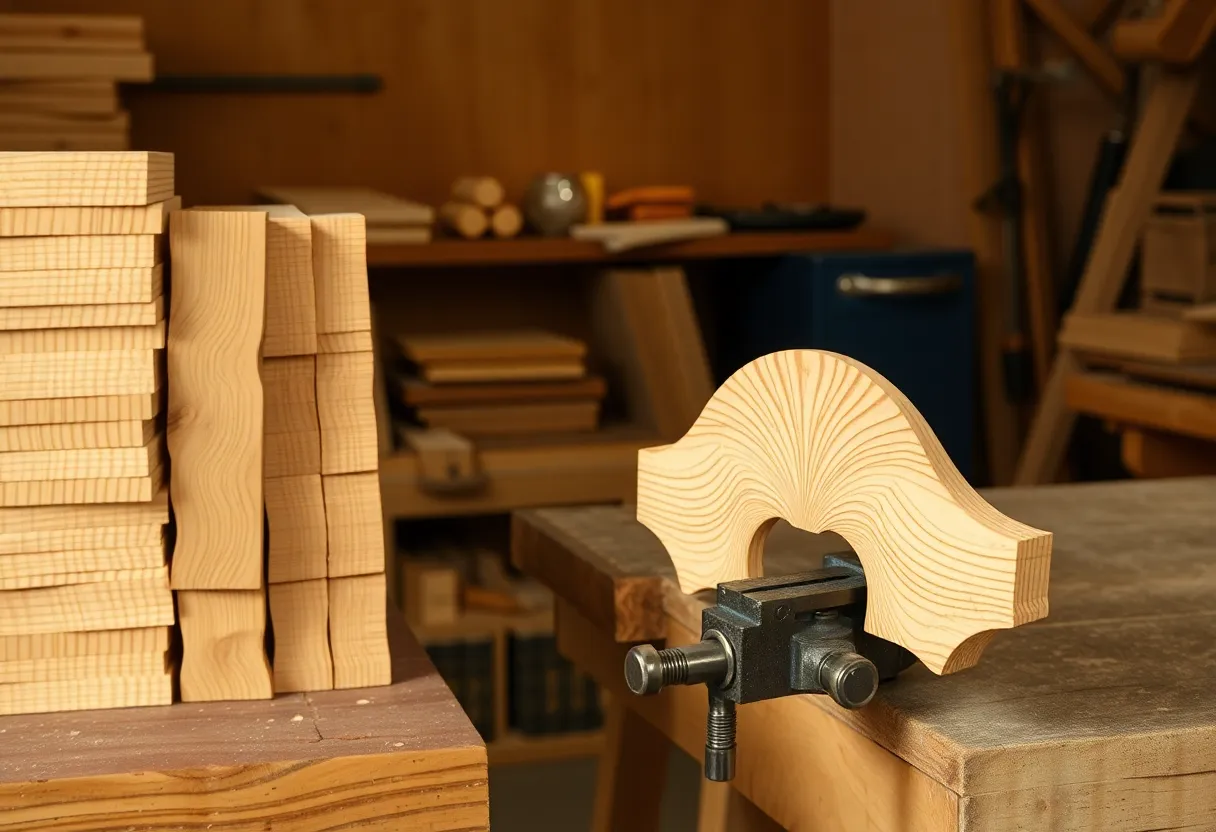 Workbench with a stack of identical pre-cut wooden pieces beside one shaped piece held in a vise