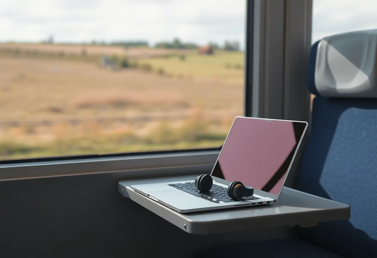 Laptop and headphones on a fold-down table by a train window with countryside passing outside