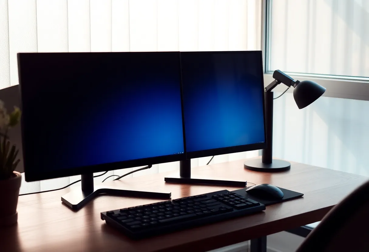 Side view of a dual-monitor desk with a keyboard in morning light