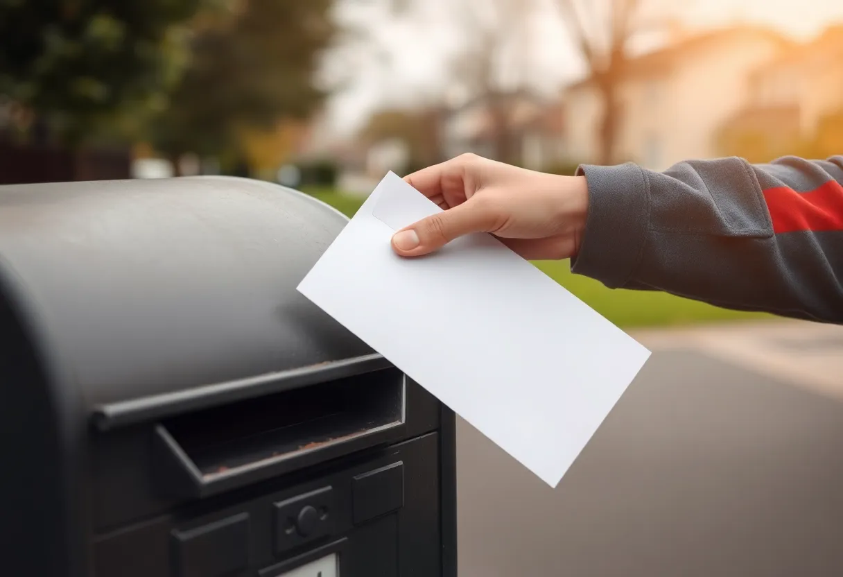 A hand holding an envelope above a mailbox slot, pausing before dropping it in