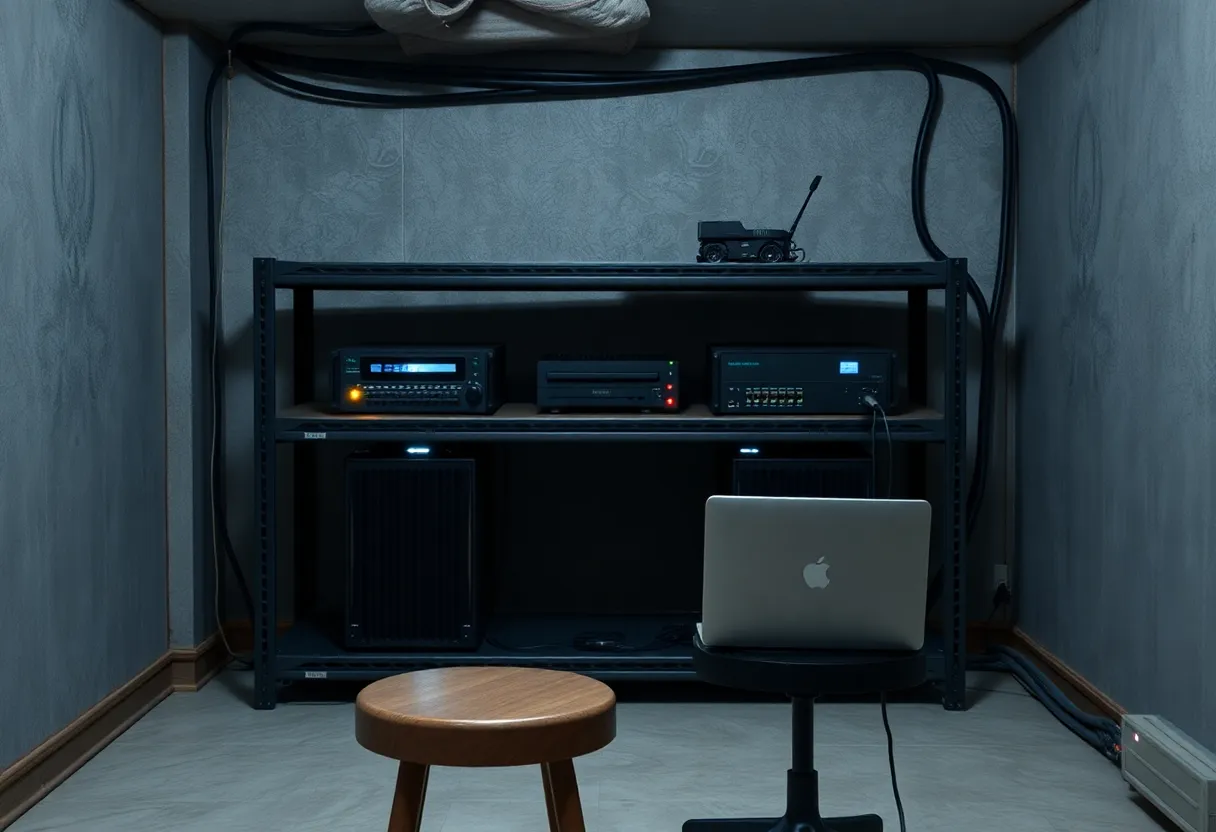 A homelab shelf in a basement with two used servers and a small network switch, status lights blinking