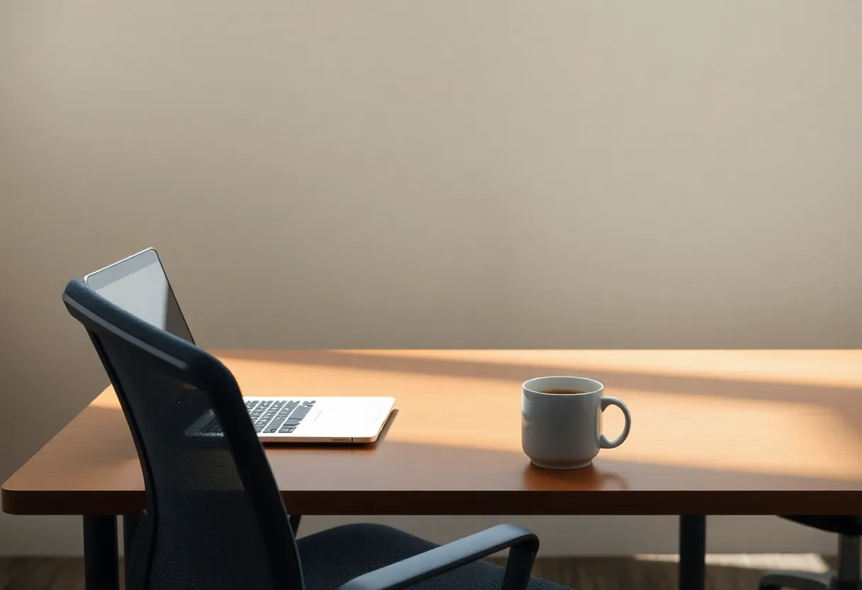 Empty office chair pushed back from a desk with a laptop and a half-finished coffee