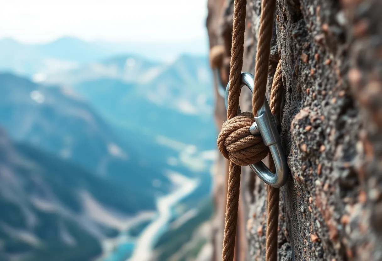 Climbing rope knotted through a carabiner on a bolt in a rock face with a valley below