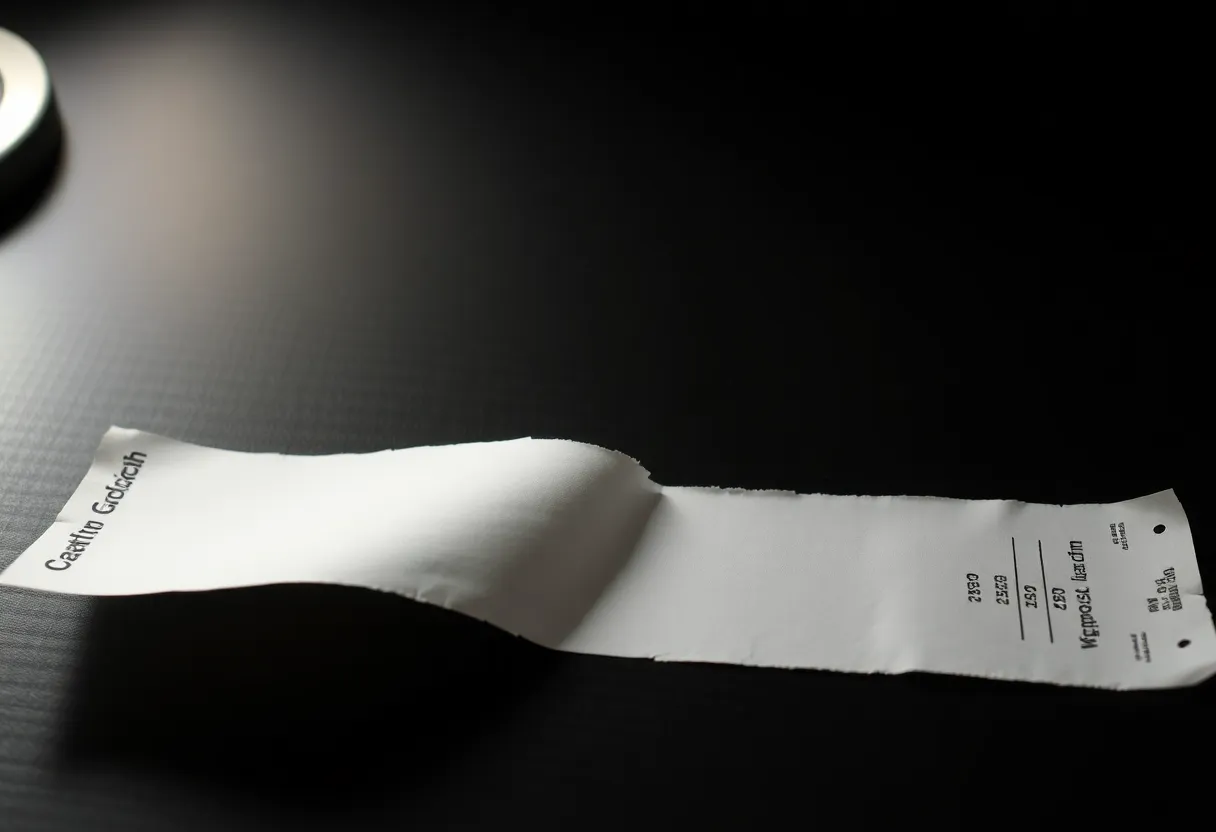 A strip of printer paper torn off halfway down, the bottom half missing