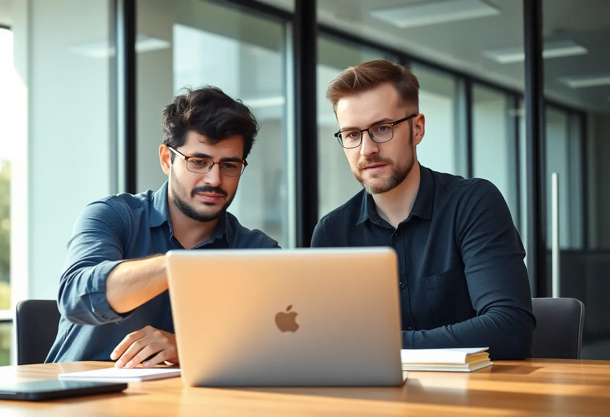 An engineering manager and a developer reviewing a laptop screen together in a glass-walled meeting room