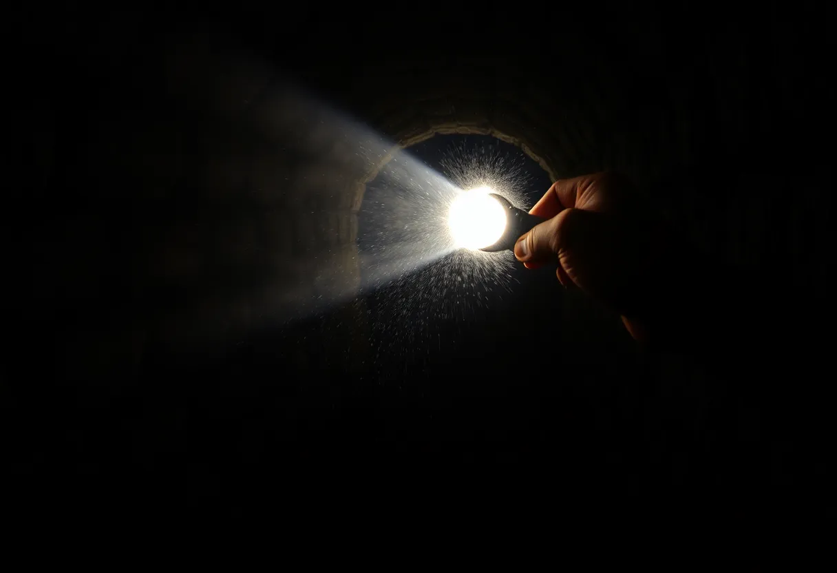 Hand holding a flashlight whose beam cuts through a dark stone corridor