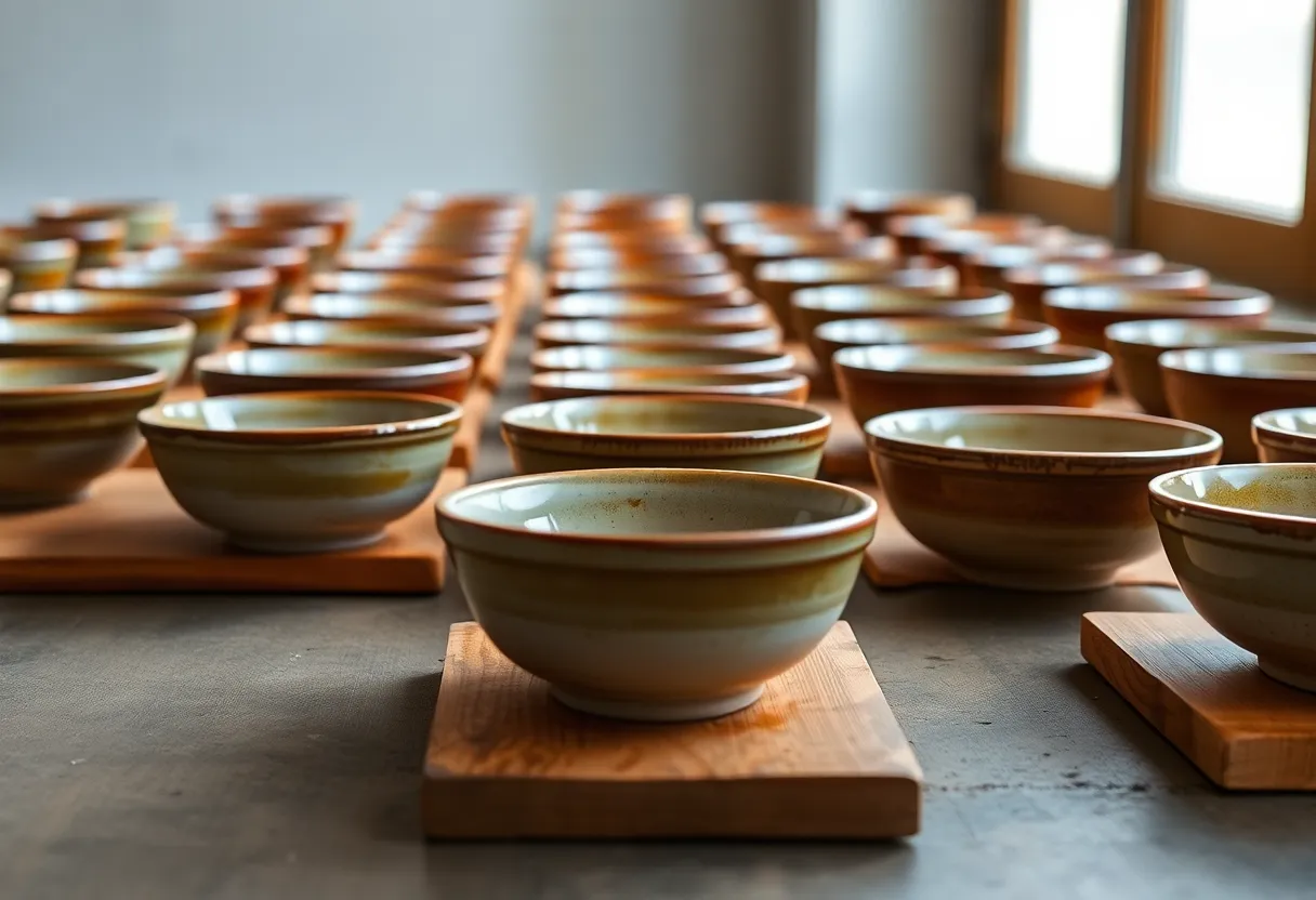 Rows of glazed ceramic bowls drying on wooden boards by a window