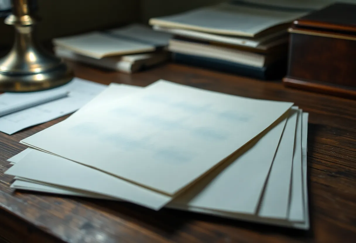 Stack of blank carbon copy sheets with faint impressions lying on a wooden desk