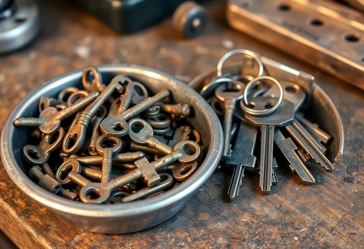 Tray of old worn keys beside a ring of new keys on a workbench